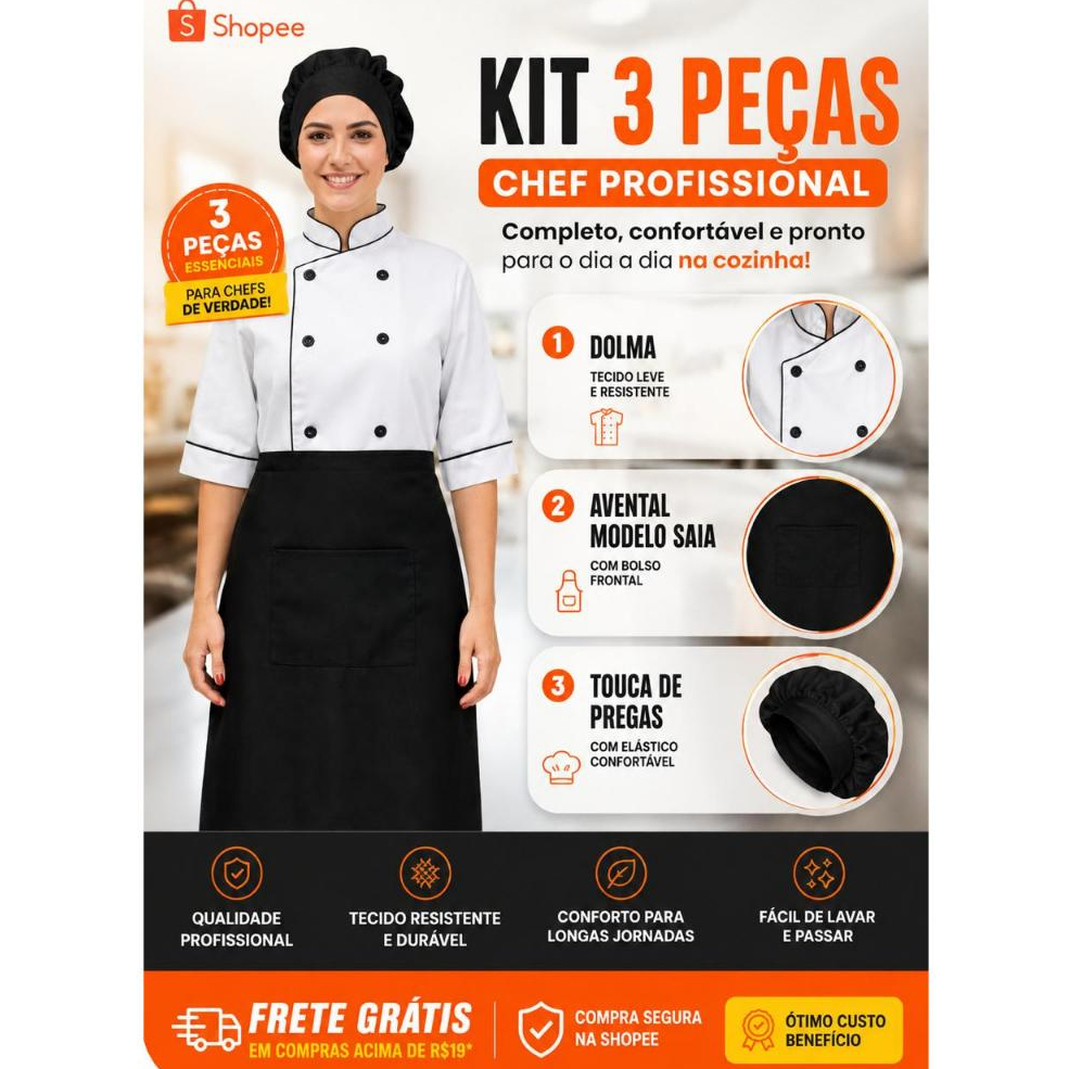 Kit Dolma Com Saia E Touca Restaurante Chef Cozinha