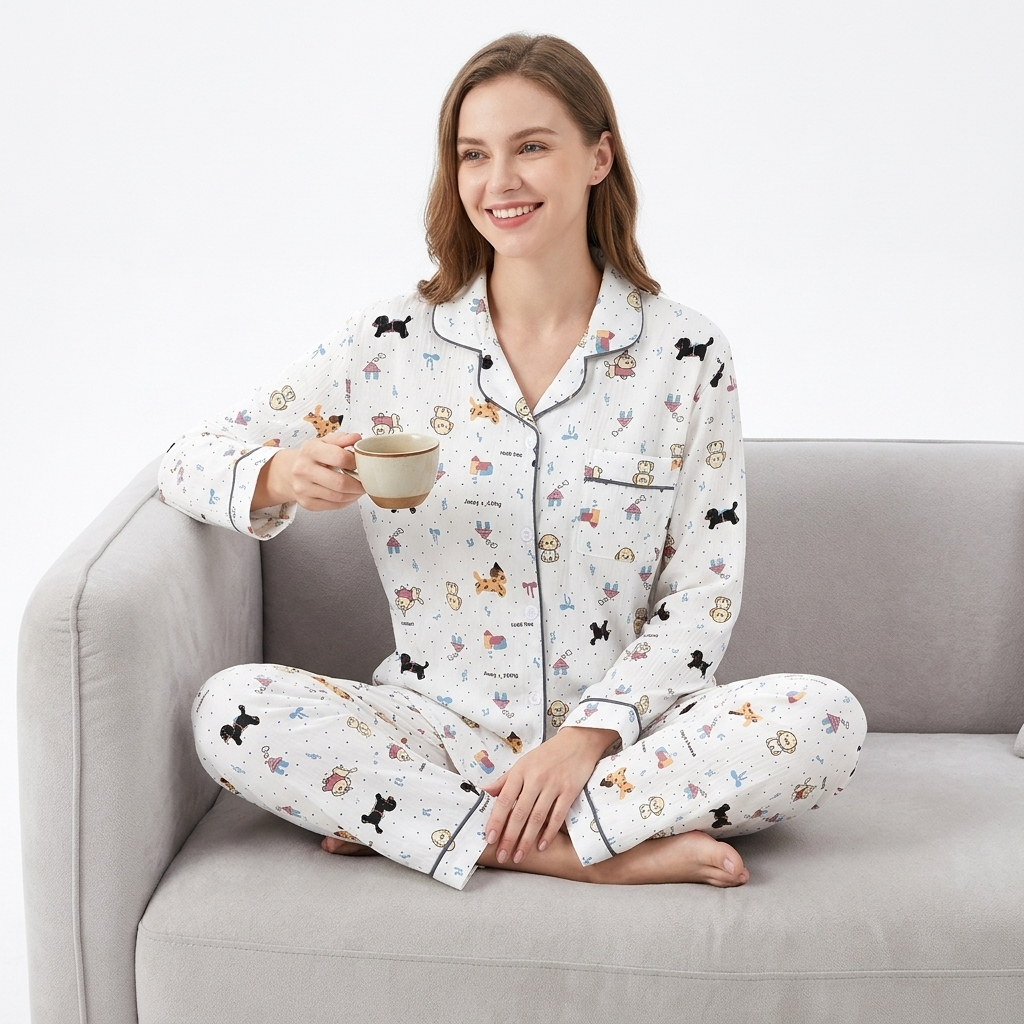 Z&D Lingerie Pijama Feminino Manga E Calça Longa Aberto Com Botão Estampado SY10