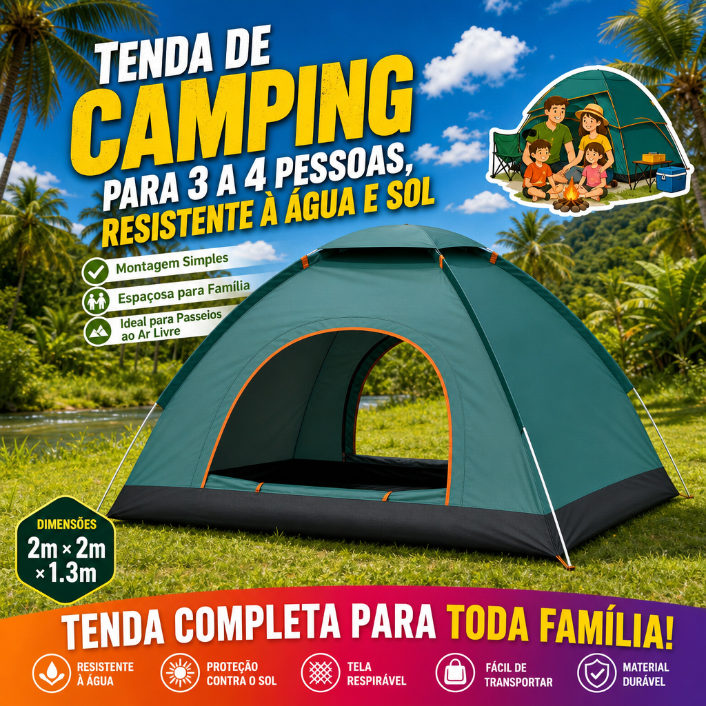 Barraca de Camping 3-4 Pessoas Impermeável Anti UV Resistente ao Vento 200x200x130cm