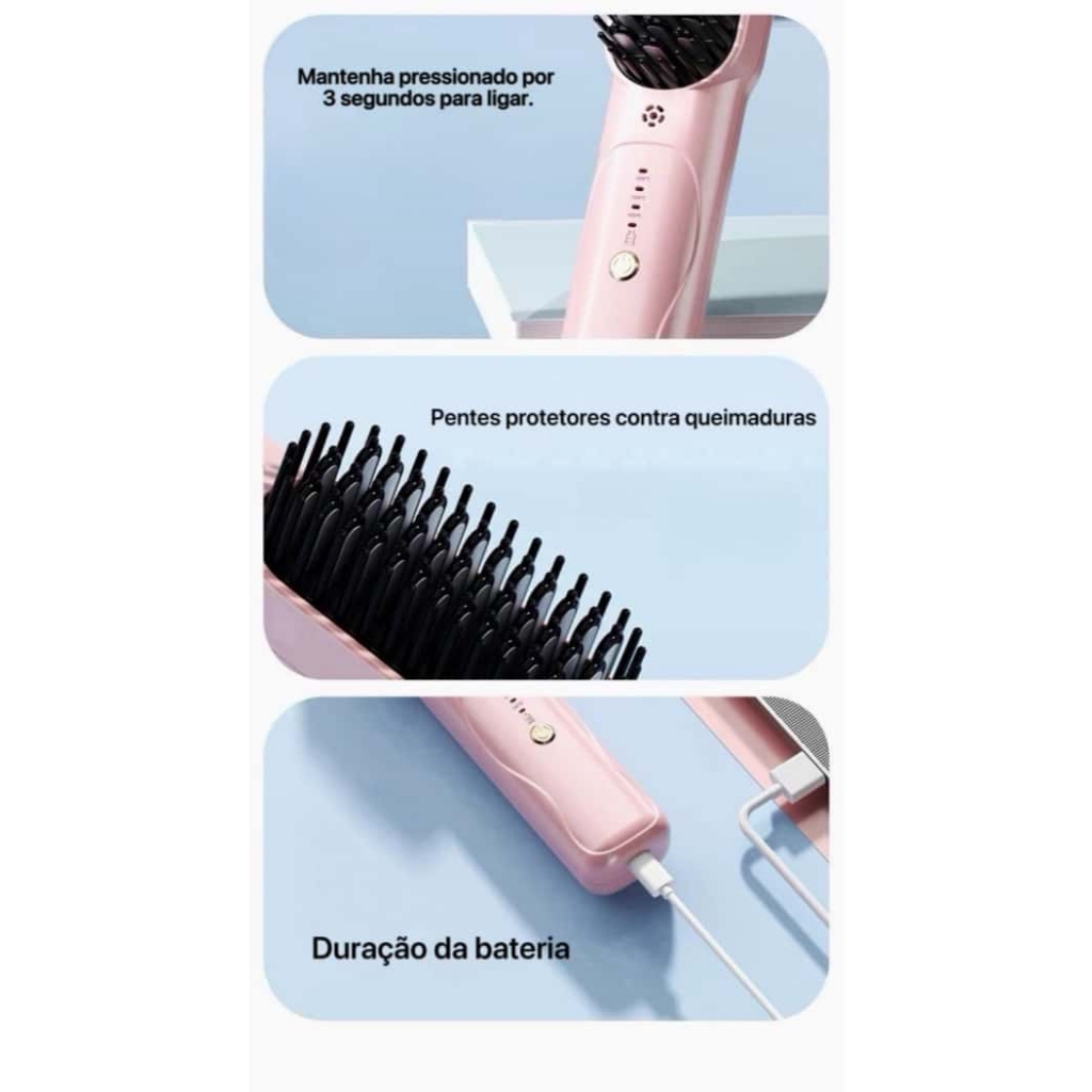 Mini Escova Alisadora Sem Fio 2 em 1 Recarregável USB Função Alisar e Modelar Antifrizz para Levar na Viagem