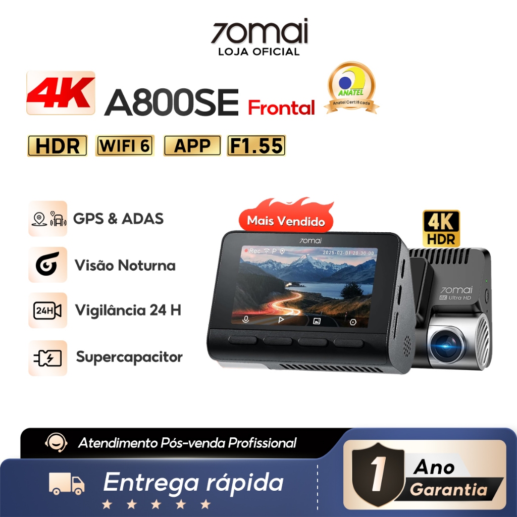 70mai Câmera Veicular Automotiva A800SE 4k Hdr 3'' Tela Gps ADAS Wifi Com App Visão Noturna Supercapacitor Suporta 512 G