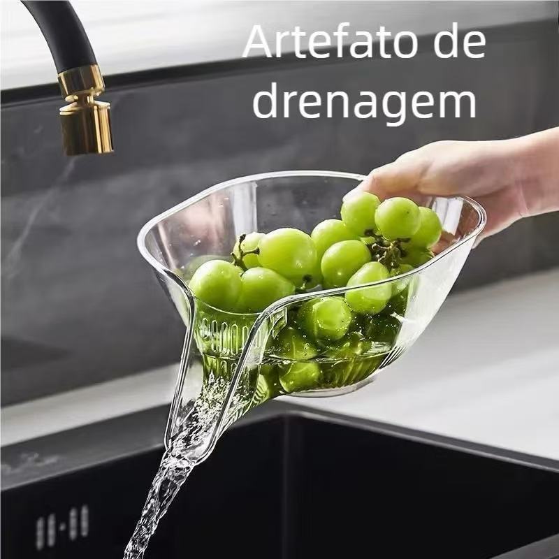 Tigela Filtrante Transparente - Separação Seco/Úmido, Portátil para Limpeza de Frutas
