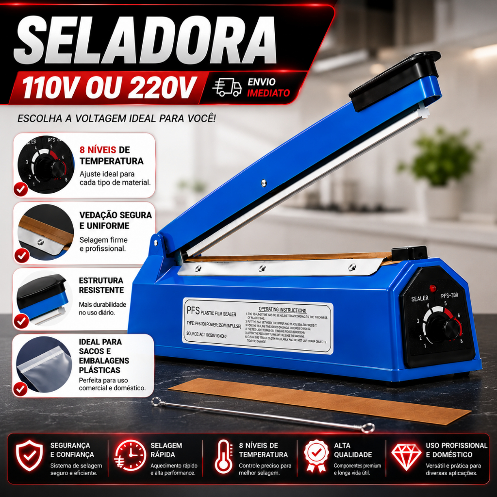 Seladora De Plastico Manual Com 30 Cm - Seladora De Embalagens 110v ou 220v 8 Temperaturas