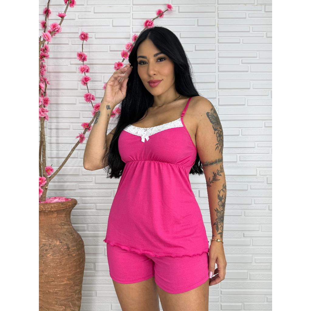Short Doll Confortável Baby Doll Renda Lacinho Elegante Alcinha Regulagem Microfibra Moda Noite