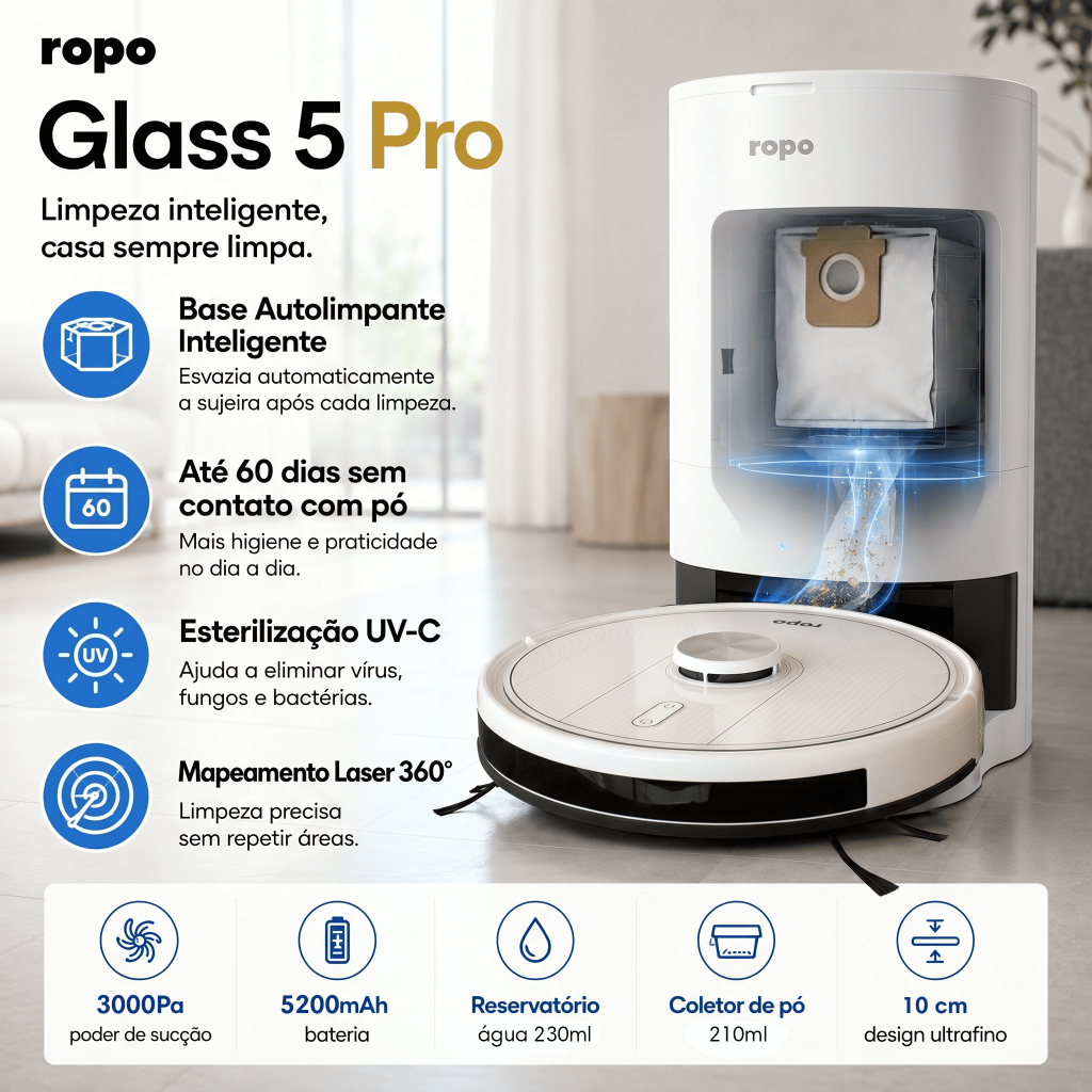 Robô Aspirador Ropo Glass 5 Pro 3 em 1 com Mapeamento Laser e Estação Autolimpante
