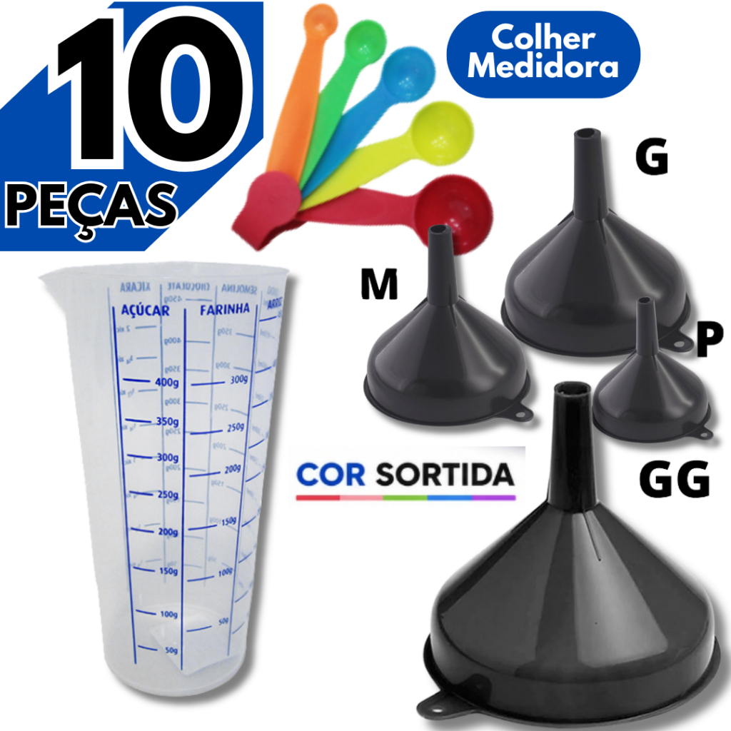 Funil de Plástico (P, M, G e GG) Cor Sortida + Colheres medidoras + Copo Medidor com Bico Dosador