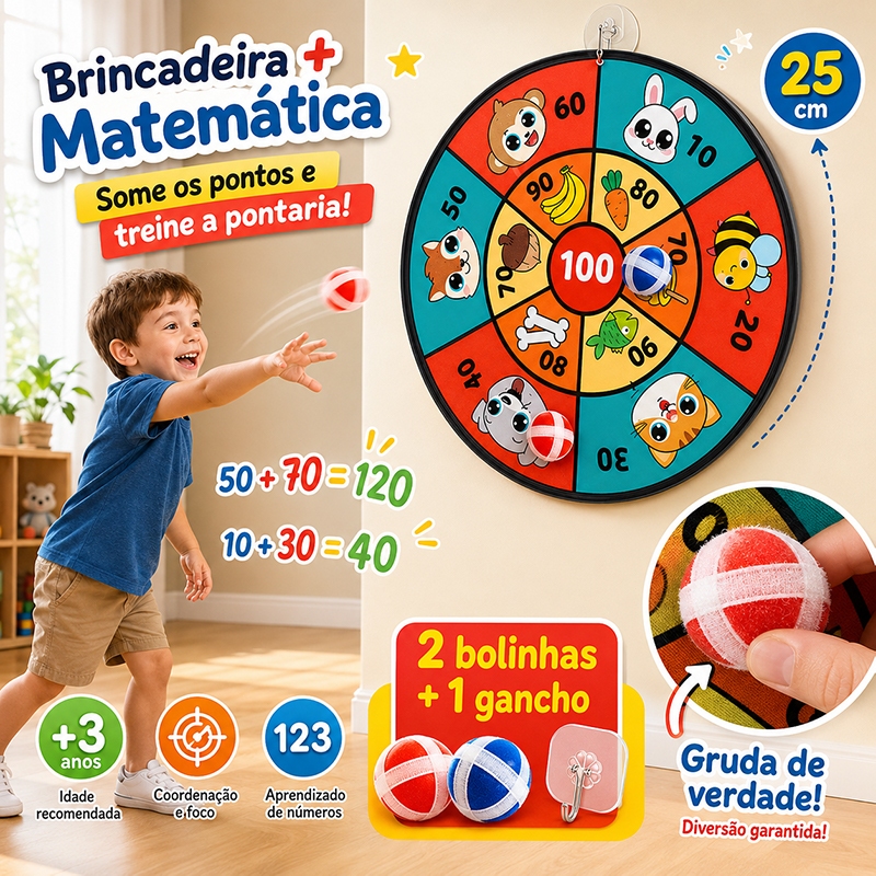 Brinquedo Educativo Infantil Tiro ao Alvo Velcro Matemática 25cm com 2 Bolinhas