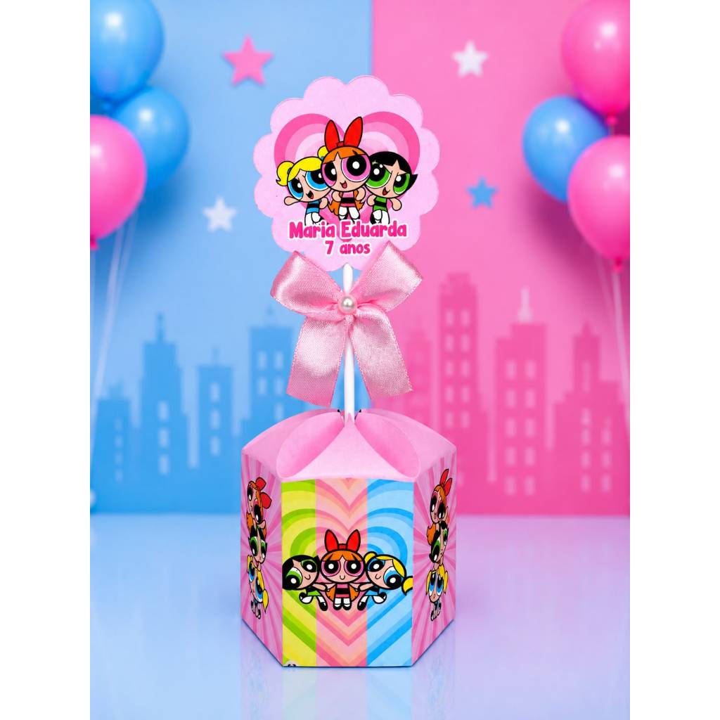 Pegue e Monte Caixa Sextavada Pequena das Meninas Super Poderosas Centro de Mesa Lembrancinha Festa Infantil