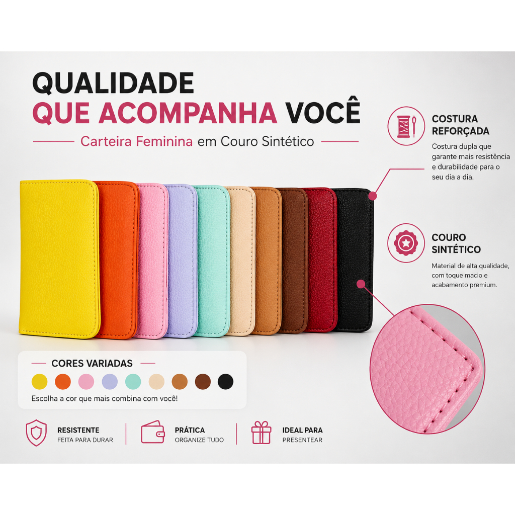 porta cartao e documentos slim feminina 1 unidade couro ecológico promoção
