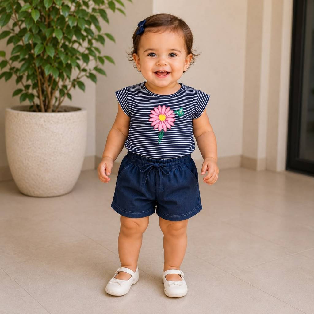 Conjunto infantil feminino, blusa listrada, short jeans, casual, confortável, menina e verão