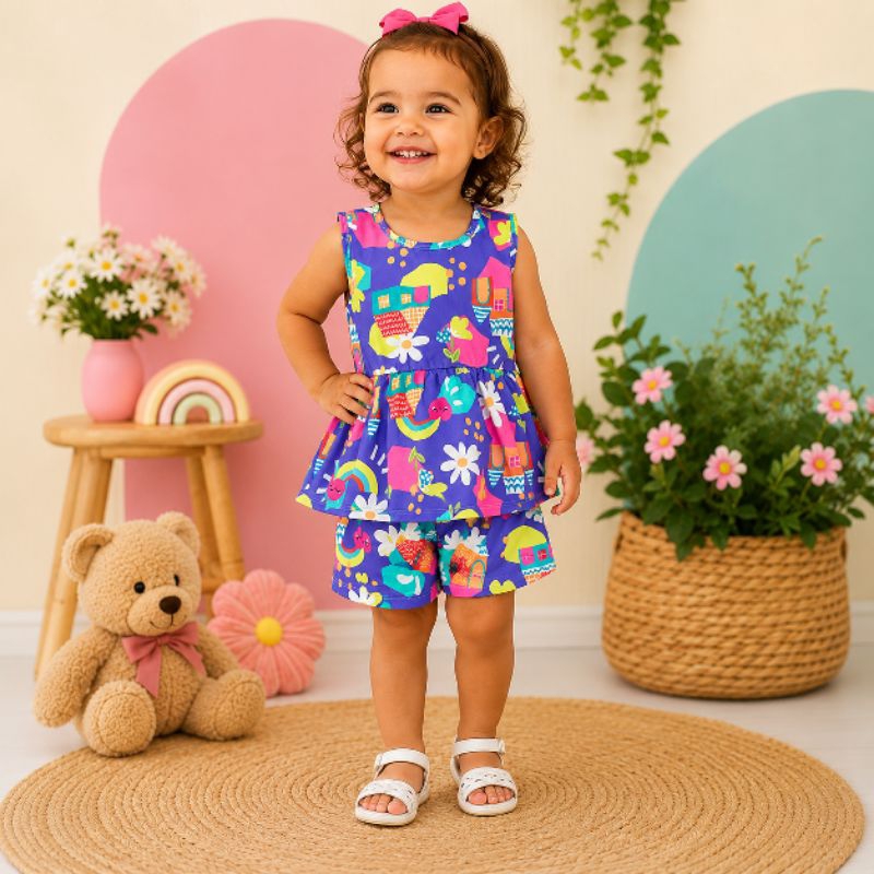 Conjunto Infantil Feminino Batinha com Short Estampado Colorido