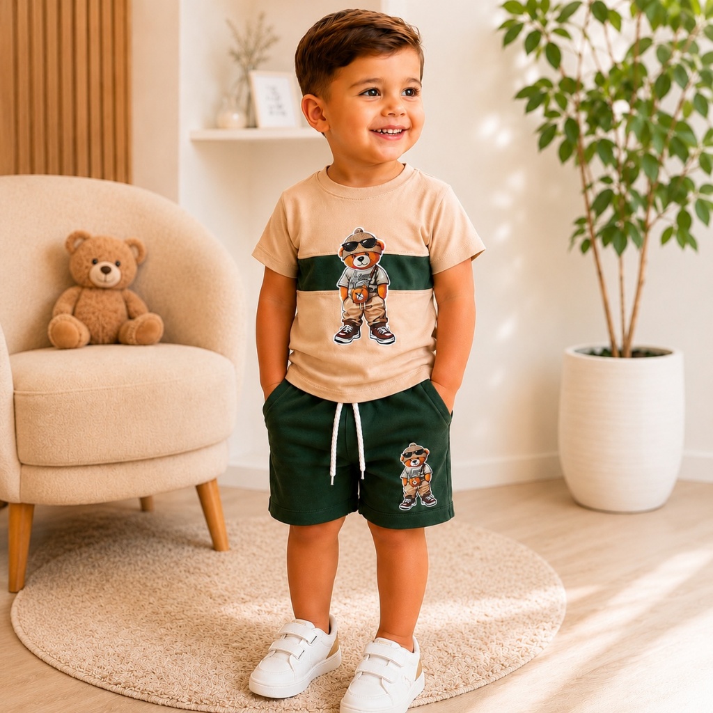 Conjunto Infantil Masculino Verão Camiseta e Bermuda Ursinho Menino Roupa Infantil 1 a 4 Anos
