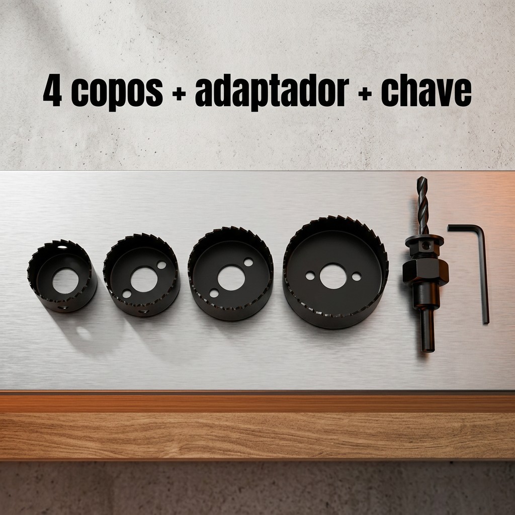 Kit Serra Copo 6 Peças 32 38 44 54mm com Adaptador para Furadeira Madeira MDF Gesso Drywall