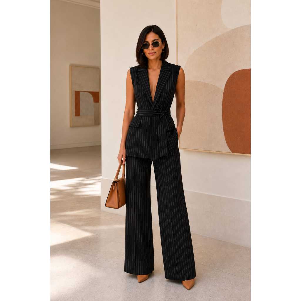 Conjunto Feminino Alfaiataria Social Clássico e Elegante Terninho Max Colete e Calça Moda Esporte Chic