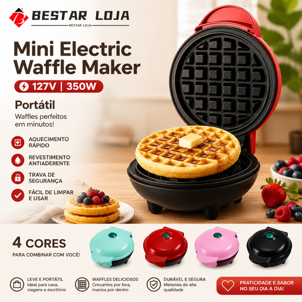 Máquina De Waffle Mini 127V 350W Compacta Elétrica