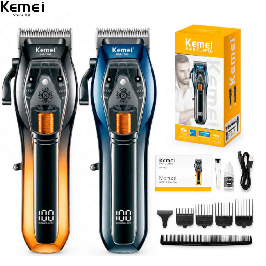 Máquina de Cortar Cabelo KEMEI -1768 Profissional 9.000 RPM USB Sem Fio Portátil Com Acessorios Nova