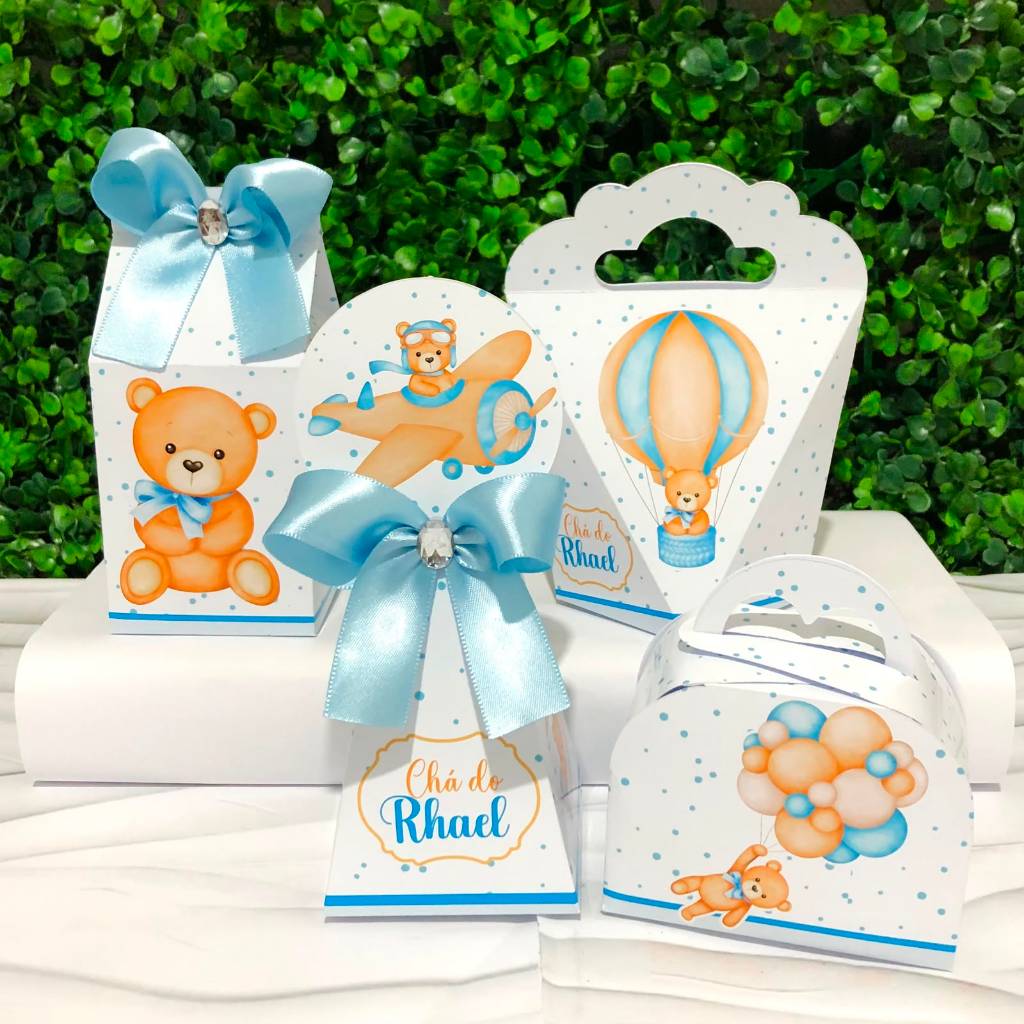 Kit Caixas Personalizadas URSINHO AZUL Lembrancinhas Chá de Bebê Maternidade Festa Infantil Aniversário DESMONTADAS