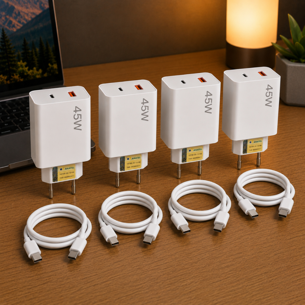 Kit Carregadores 45W Turbo LEHMOX LE-407 USB-C + USB-A Carregamento Rápido/Fast Charge - Bivolt
