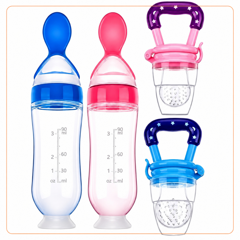 Alimentação Infantil Chupeta Mordedor Porta Frutas e Mamadeira de Silicone com Colher Dosadora Bebê