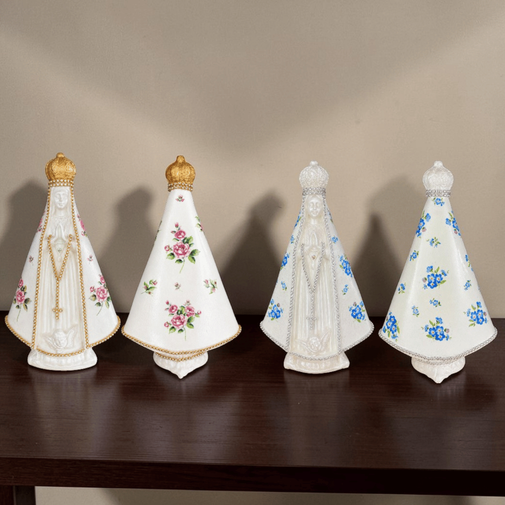 Imagem Nossa Senhora Aparecida 23 cm em Gesso Branco Pérola com Strass e Detalhes Florais