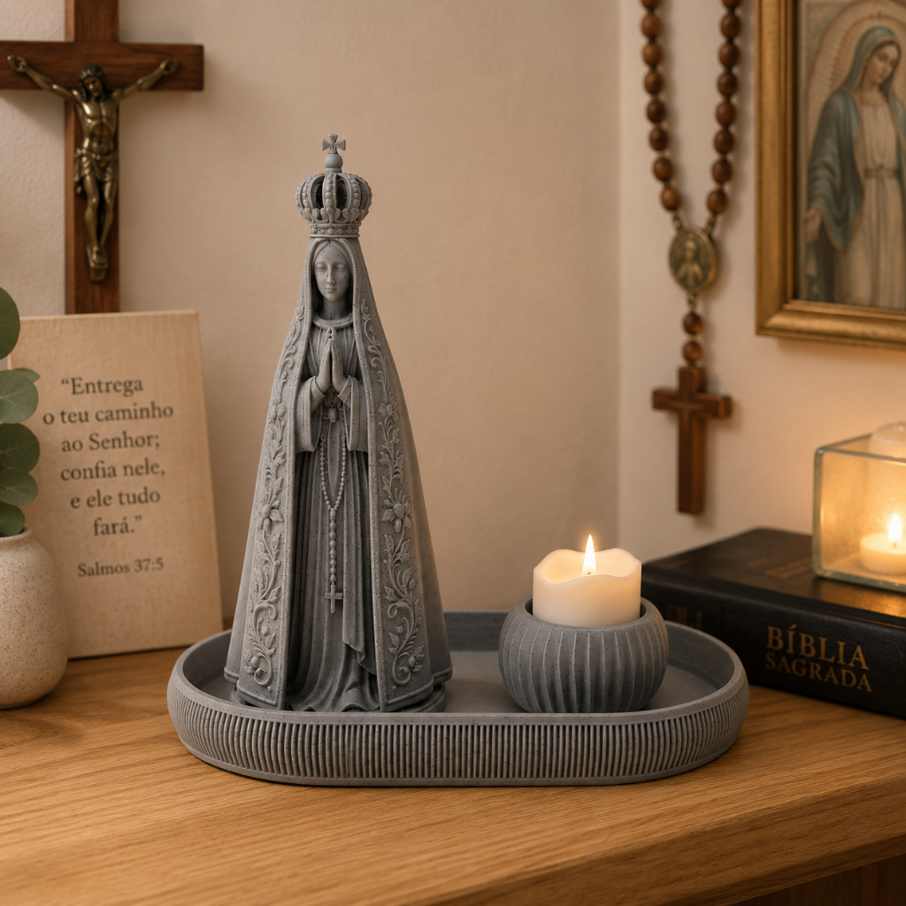 Kit Decorativo Nossa Senhora Aparecida com Bandeja e Porta-Vela LED – Decoração Religiosa para Sala, Quarto e Oratório