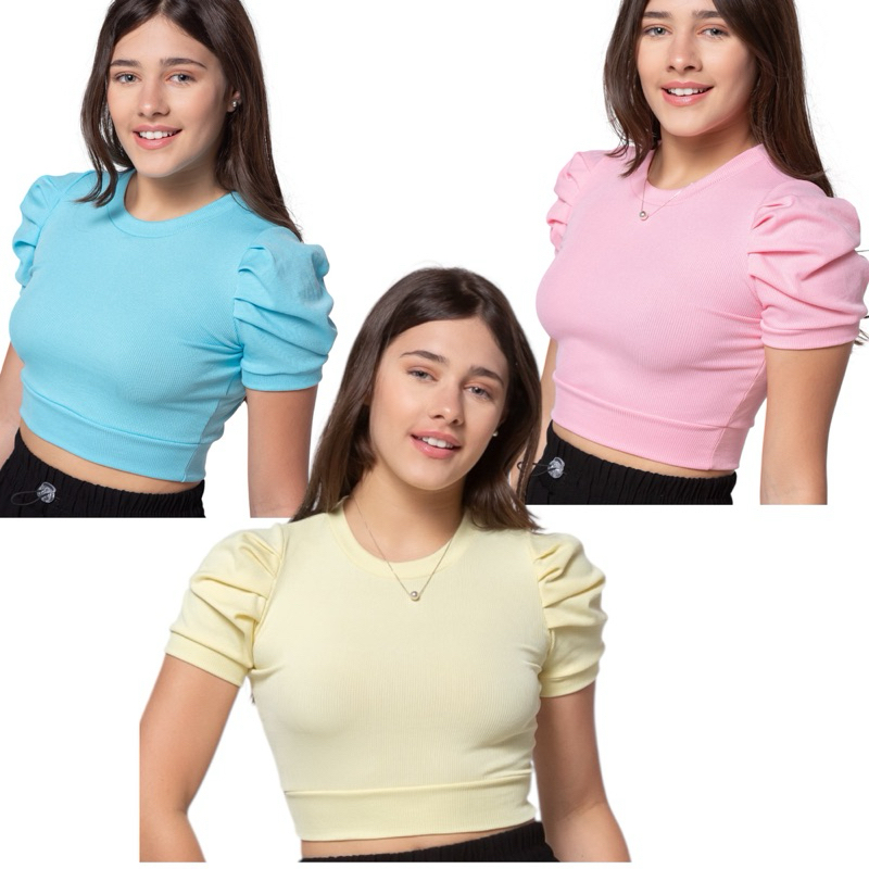 Cropped Blusa Juvenil Feminina Manga Princesa em Malhae Canelada Algodão | Conforto e Estilo | Tamanhos 10 ao 16 Modinha