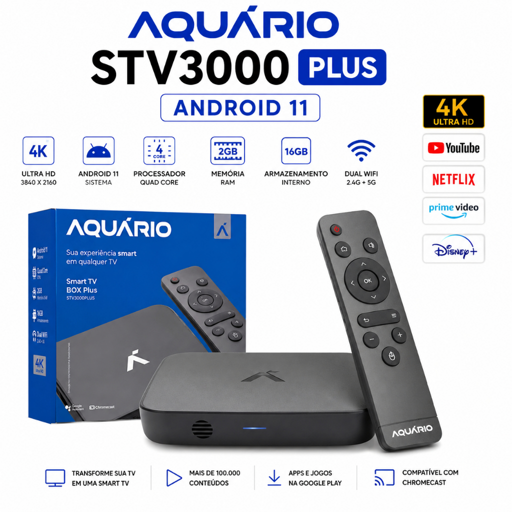 TV Box Aquário STV-3000 Plus 4K Android Wi-Fi 5GHz Original transforma sua tv em smart