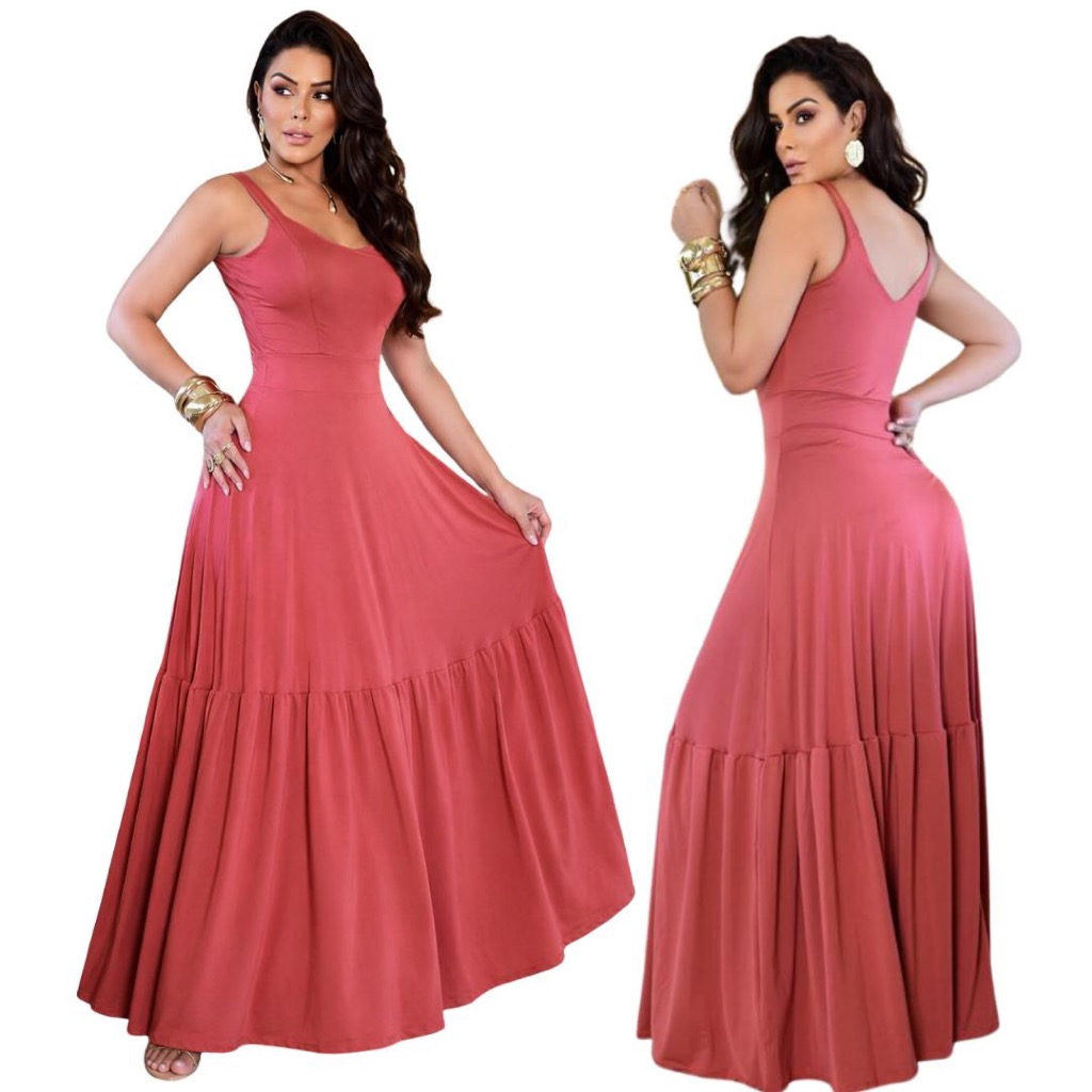 Vestido Longo Feminino Alça Casual Malha Romantic Liso Estilo e Conforto Moda Verão Chic