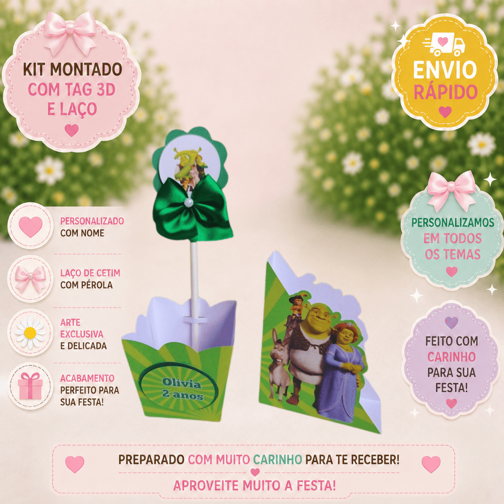 KIT CENTRO DE MESA CACHEPO, GUARDANAPO SHEREK, FIONA, PERSONALIZADO, CAIXINHAS