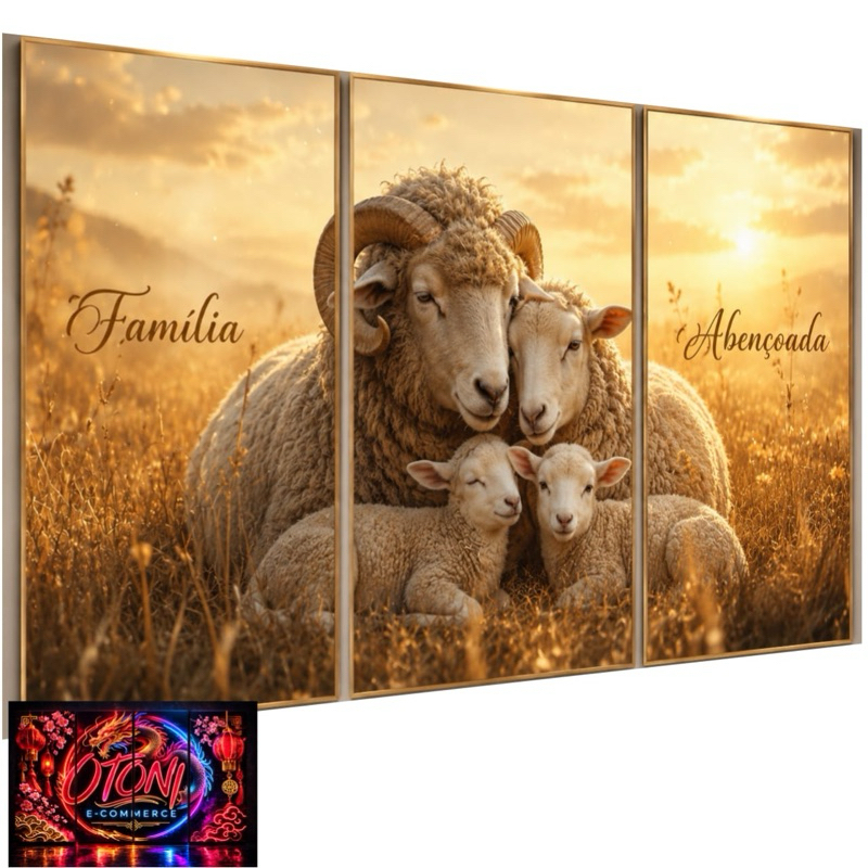 Quadros Decorativos Família Cordeiro Religioso 3 Peças Decoração Sala Quarto Escritório Decoração