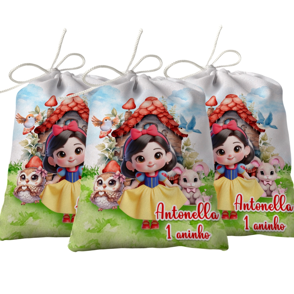 Sacolinha Lembrancinha Festa Aniversário Surpresa Tecido Personalizado Branca de Neve Aquarela