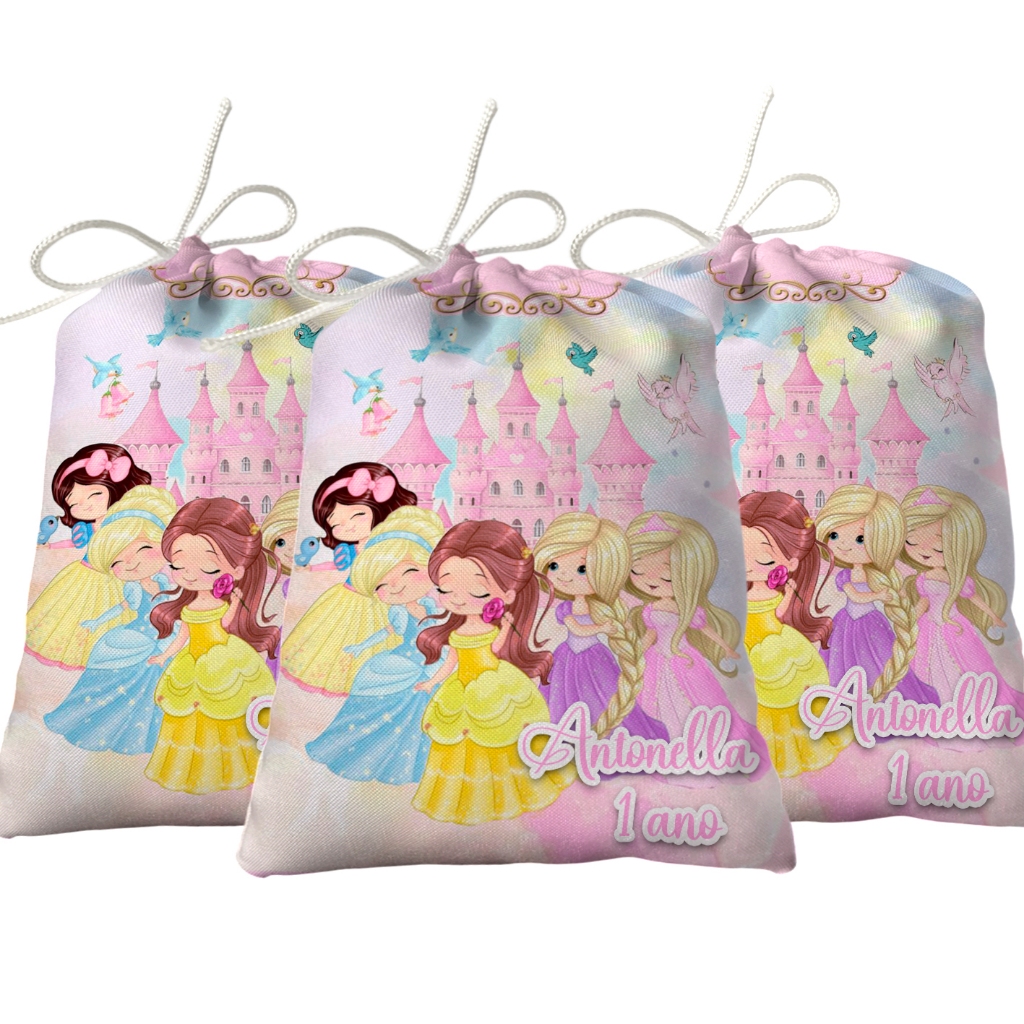 Sacolinha Lembrancinha Festa Aniversário Surpresa Tecido Personalizado Princesas Cute