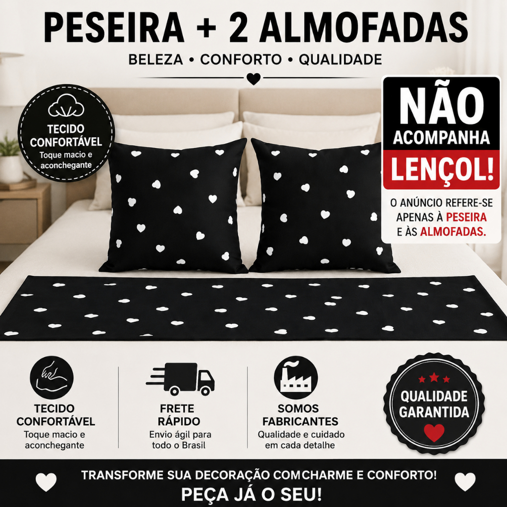 KIT ENFEITE DE CAMA 3 PC PESEIRA +2 CAPA ALMOFADA KING QUEEM PADRAO SOLT ALGODAO DECORACAO DE QUARTO