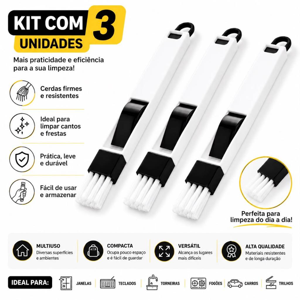 Kit 3 Escova De Limpeza C/ Pá Multiuso Teclado Janela Fresta
