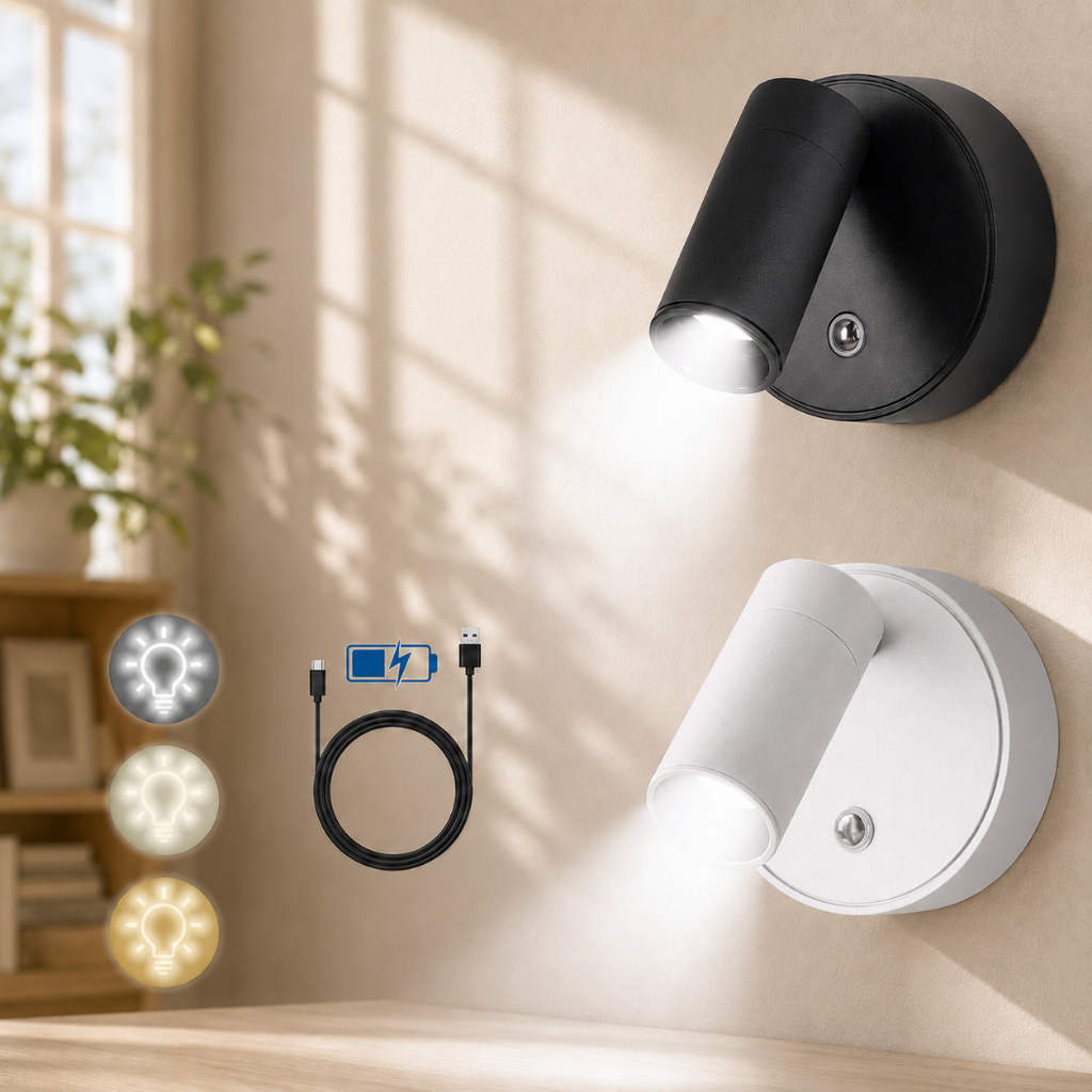KVLife Arandela LED Luminária Recarregável Sem Fio Magnética 360 3 Tons USB Parede Cabeceira Quarto Leitura