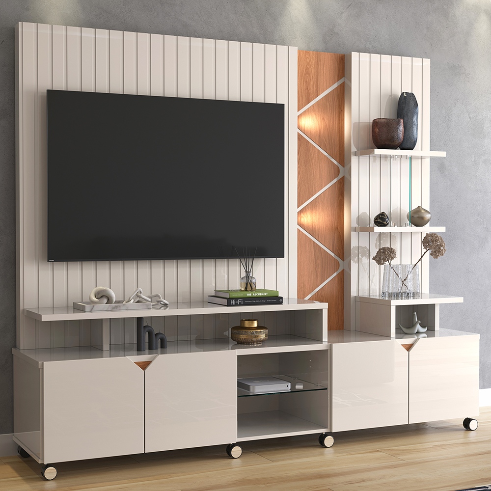 Rack Home Estante Para Tv 55" Lukaliam Móveis Home Cross Frisado 2,10m Off White Jequitiba