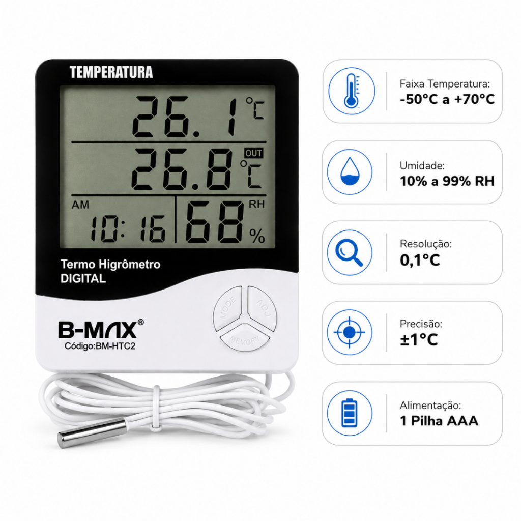 Termo Higrômetro Digital B-Max Sensor Externo Medidor de Temperatura e Umidade com Relógio Memória Máx Mín Termômetro