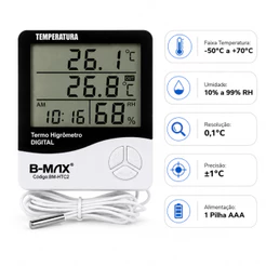 Termo Higrômetro Digital Exbom Sensor Externo Medidor de Temperatura e Umidade com Relógio Memória Máx Mín Termômetro