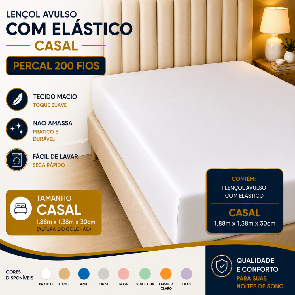 Lençol Casal Avulso 100% Algodão Percal 200 Fios