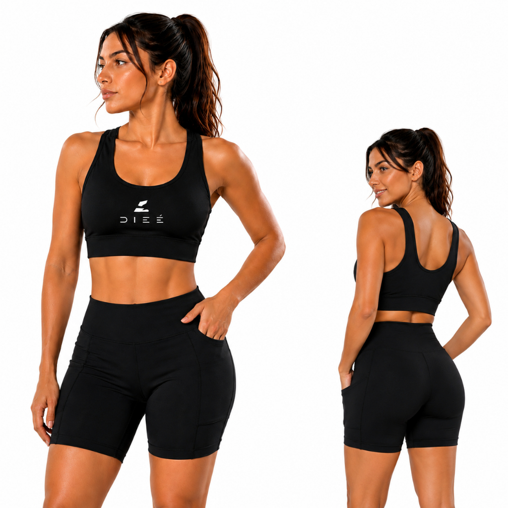 Conjunto fitness feminino top + bermuda de compressão 2 bolsos laterais , conjunto fit para academia, treino ,corrida