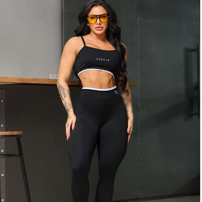 Conjunto Academia Legging e Top Regata Poliamida com Viés Branco Conjunto Fitness Para Academia — imagem 1