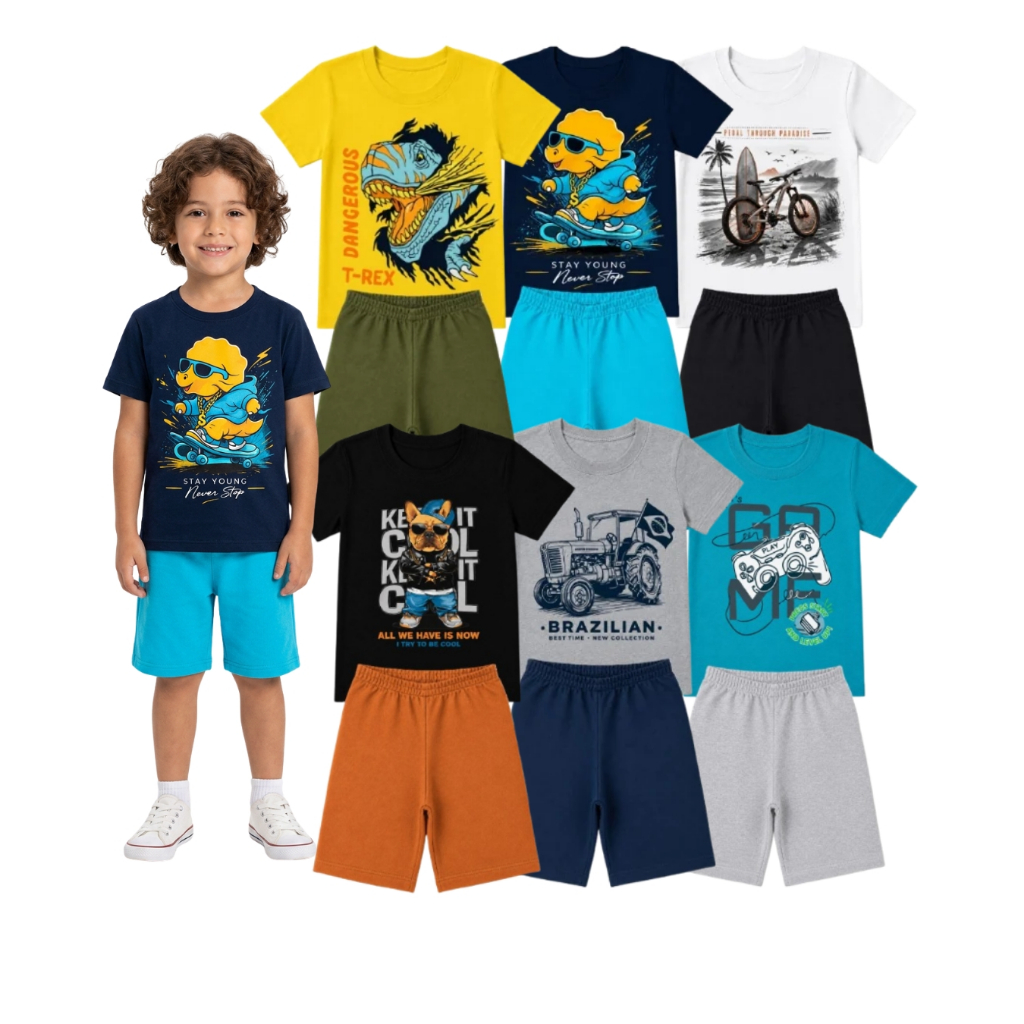 Conjunto Infantil Menino Verão Sortido Kit 3 Conjuntos Masculinos Camisetas e Regatas Shorts Roupa Menino 6 Peças