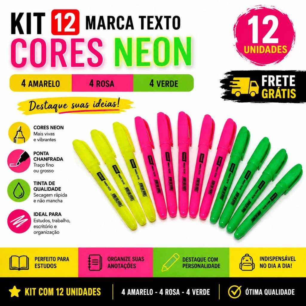 Marca Texto Neon Vighs Kit 12 24 36 Unidades Fluorescente 5 Cores Escolar Escritório Estudo