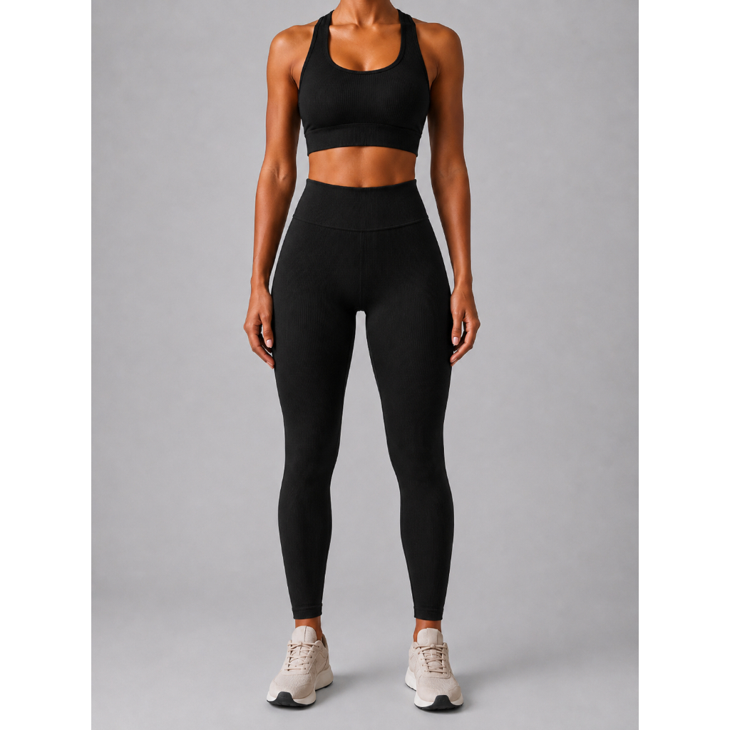 Conjunto Fitness Canelado Feminino Top Nadador e Calça Legging Cintura Alta