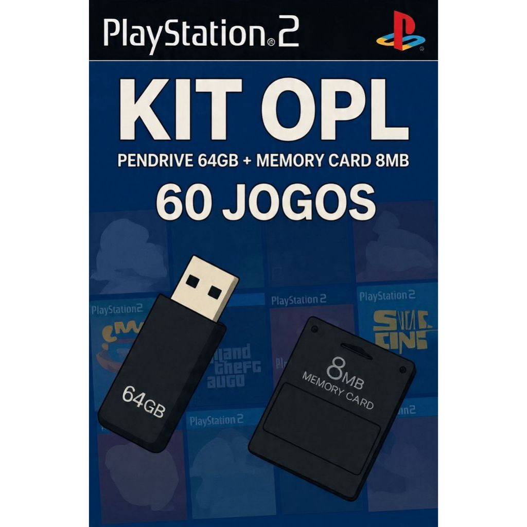 Kit Opl Ps2 60 Jogos Pendrive 64GB + Memory Card 16Mb