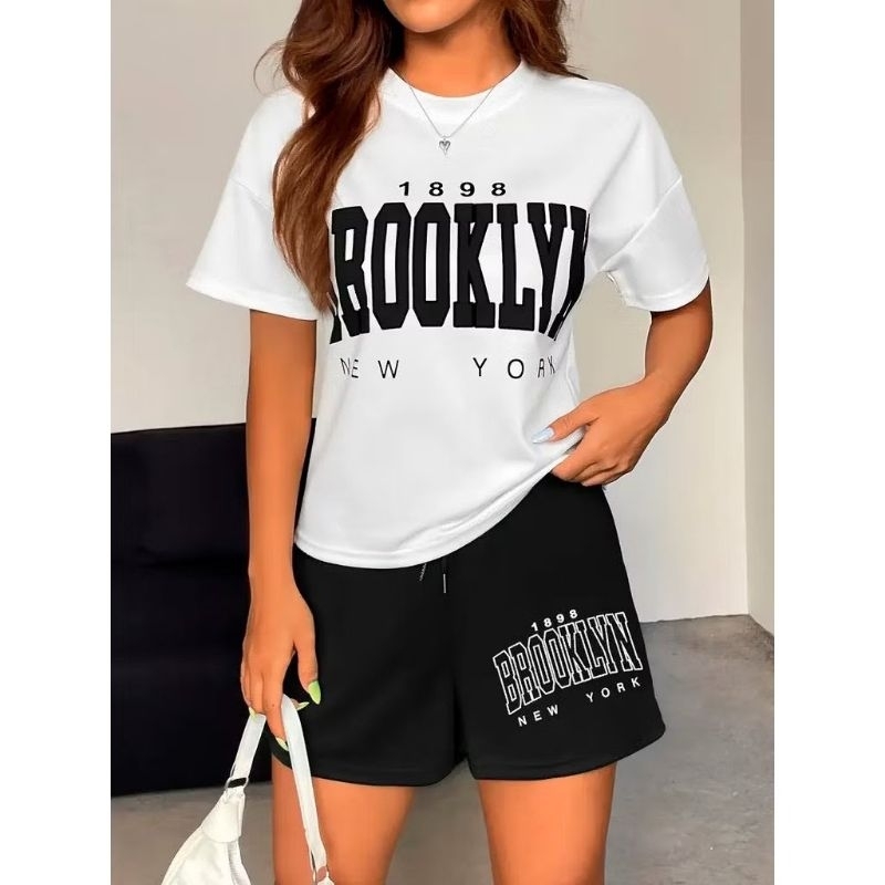 conjunto camiseta algodão e bermuda moletom feminino estilosa streetwear Brooklin macio e confortável passeio academia,