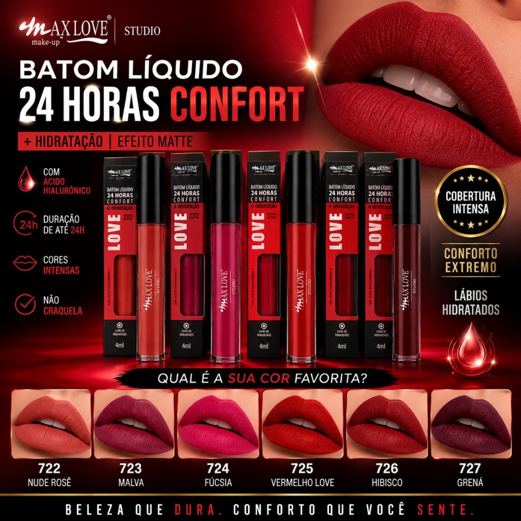 Batom Líquido Matte Max Love 317 Longa Duração Alta Pigmentação Secagem Rápida 4ml