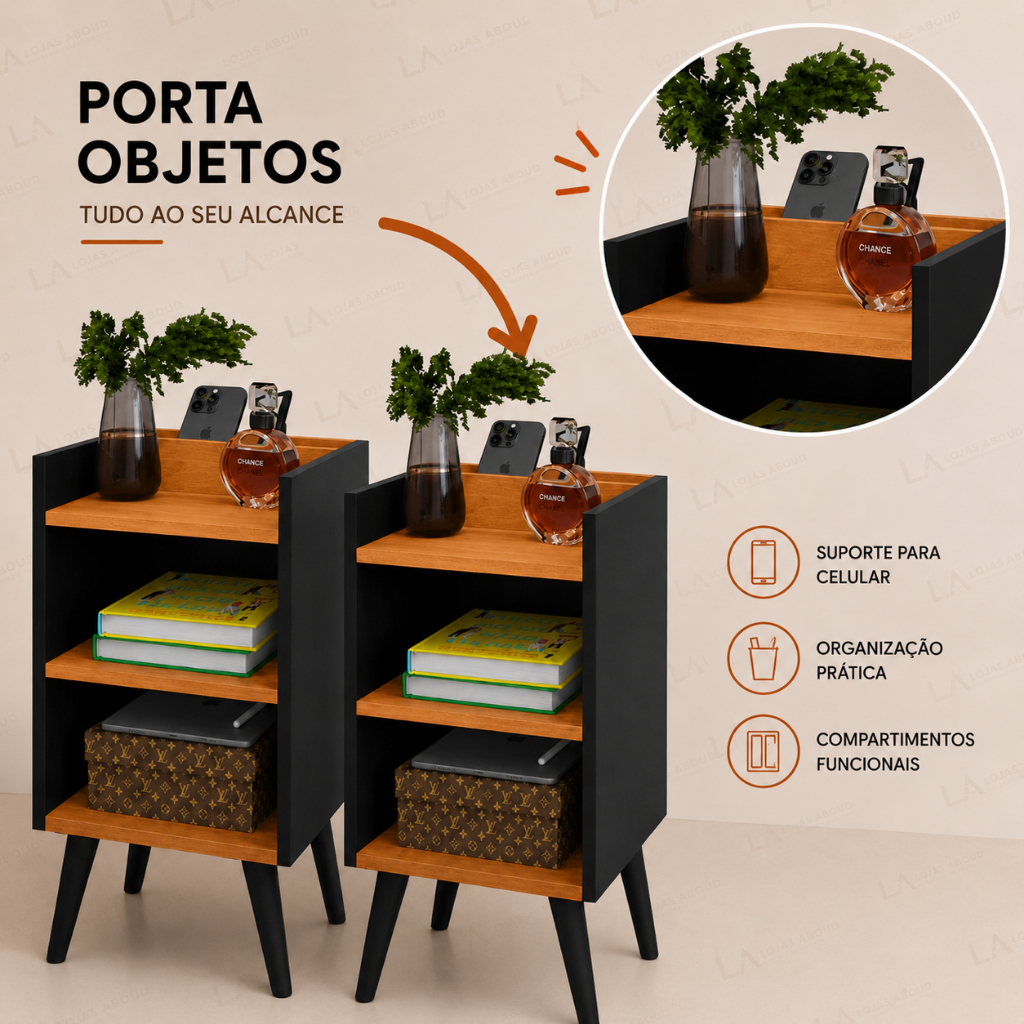 Mesas de Cabeceira Max Moderna com Nicho Suporte de Celular Compacta Organizador para Quarto