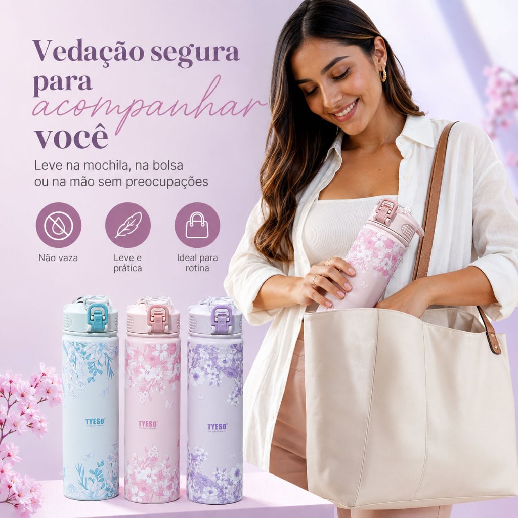 TYESO Garrafa Térmica Floral 750ml Aço Inox 304 com Canudo À Prova de Vazamento