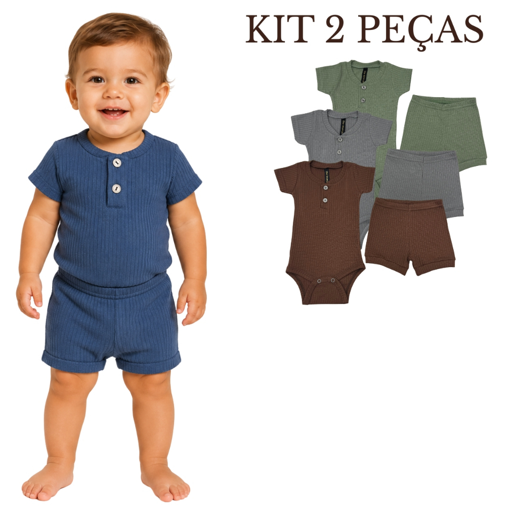 Kit 2 Peças Conjunto Body Bebê Menino Manga Curta Shorts Ribana Canelada Peitilho Verão